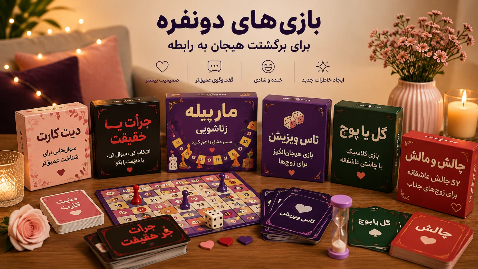 بازی‌های دونفره برای برگشت هیجان و صمیمیت به رابطه تکراری — دیت کارت، جرات یا حقیقت، مارپله زناشویی